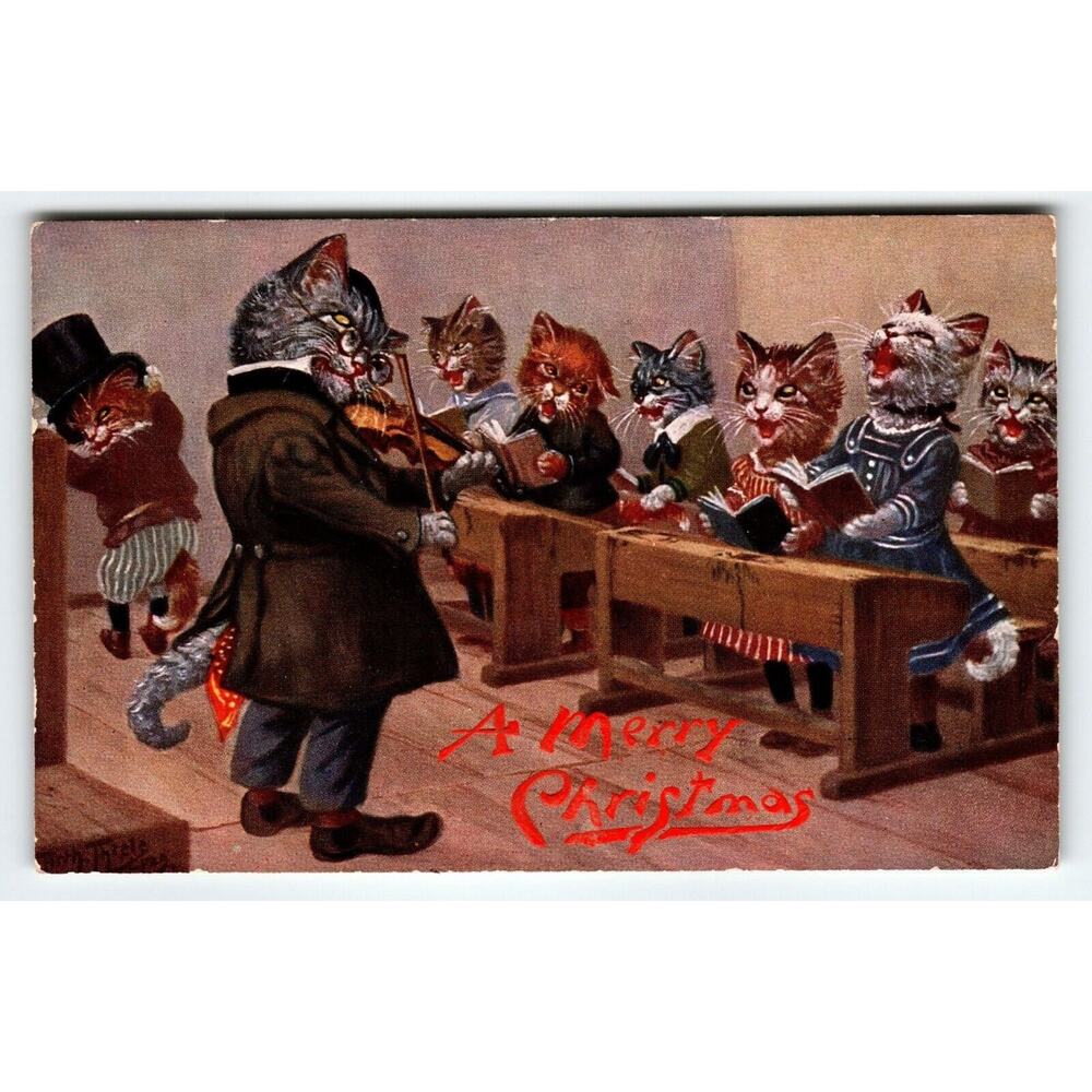 A Mewsical Party Kittens Dressed Cats Musician Postcard Tuck Christmas A. Thiele